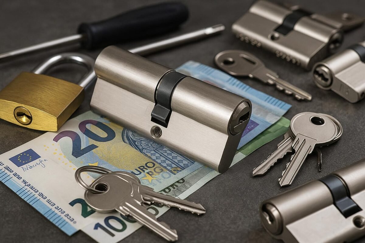 Close-up van een cilinderslot met afgebroken sleutel en gereedschap op tafel.