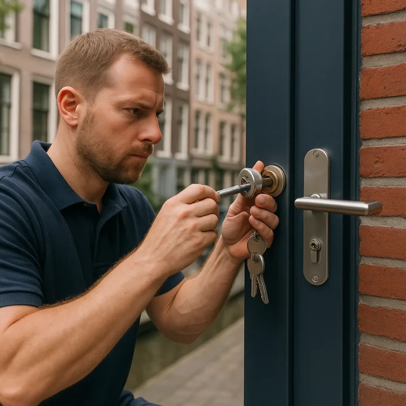 Een slotenmaker werkt geconcentreerd aan een deur in Amsterdam, met grachtenpanden en fietsen op de achtergrond