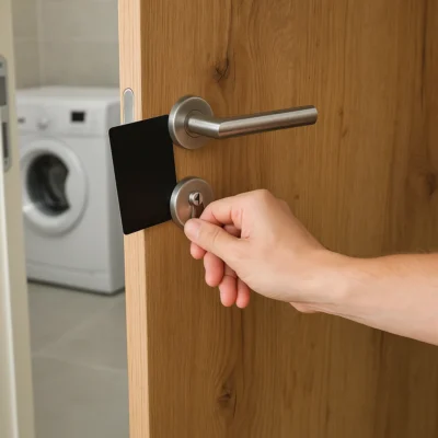 Hand opent een deur met een metalen sleutel en gebruikt een kaartje als hulpmiddel bij het slot.