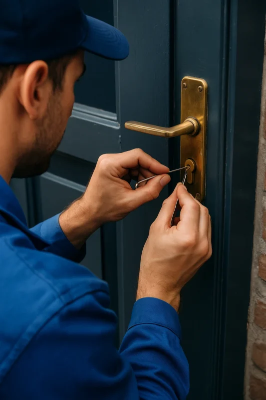 Slotenmaker opent een blauw deurslot met professioneel gereedschap bij daglicht
