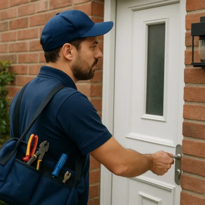 Slotenmaker in blauwe outfit opent een witte voordeur van een bakstenen huis met gereedschapstas in de hand