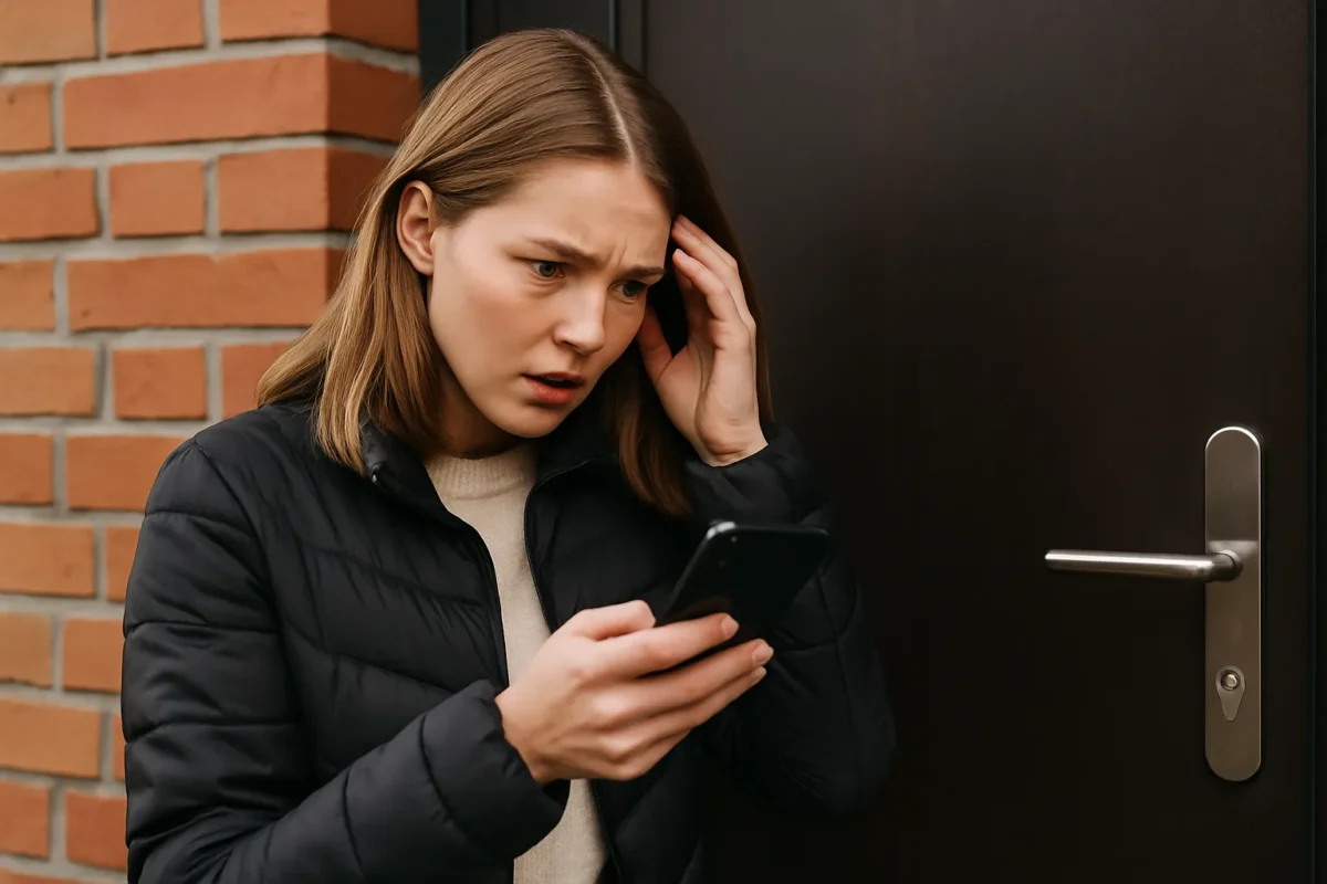 Vrouw staat bezorgd buiten voor gesloten deur terwijl ze op haar telefoon kijkt