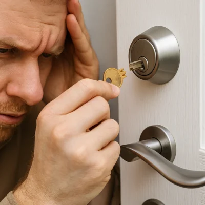 Man kijkt gefrustreerd naar een afgebroken sleutelstuk dat vastzit in het slot van een witte deur