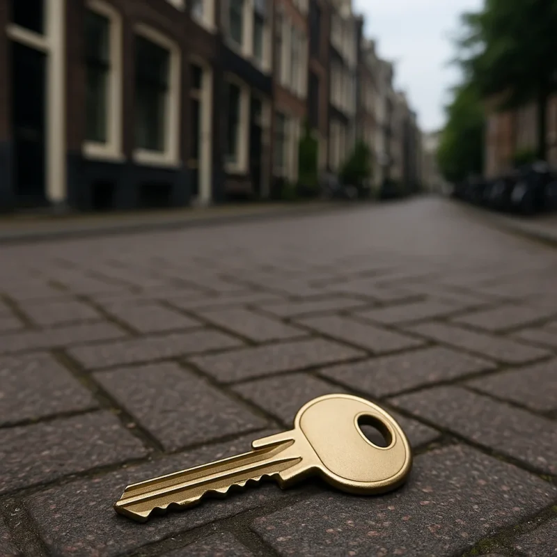 Verloren huissleutel op een natte Amsterdamse straat met bakstenen en fietsen op de achtergrond
