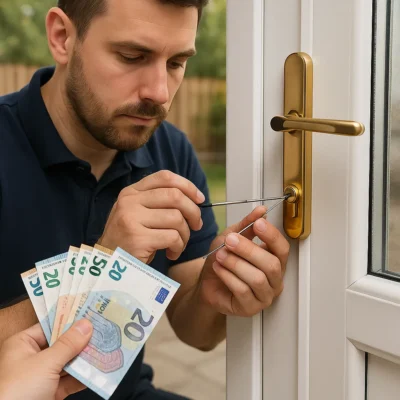 Slotenmaker opent witte voordeur terwijl klant eurobiljetten in de hand houdt