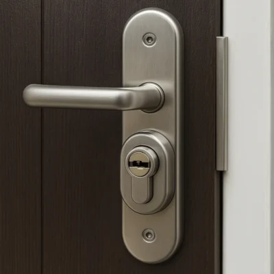 Slot met kerntrekbeveiliging op donkerbruine houten deur