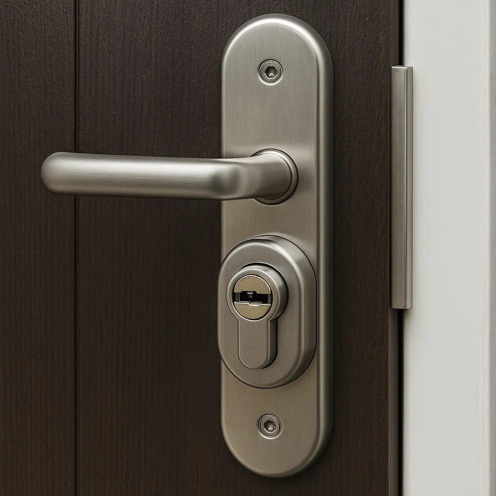 Slot met kerntrekbeveiliging op donkerbruine houten deur