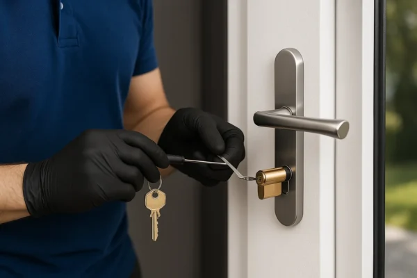 Slotenmaker met zwarte handschoenen opent een cilinderslot met lockpick-gereedschap.
