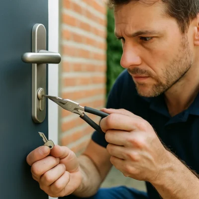 Slotenmaker verwijdert afgebroken sleutel uit cilinderslot met tang