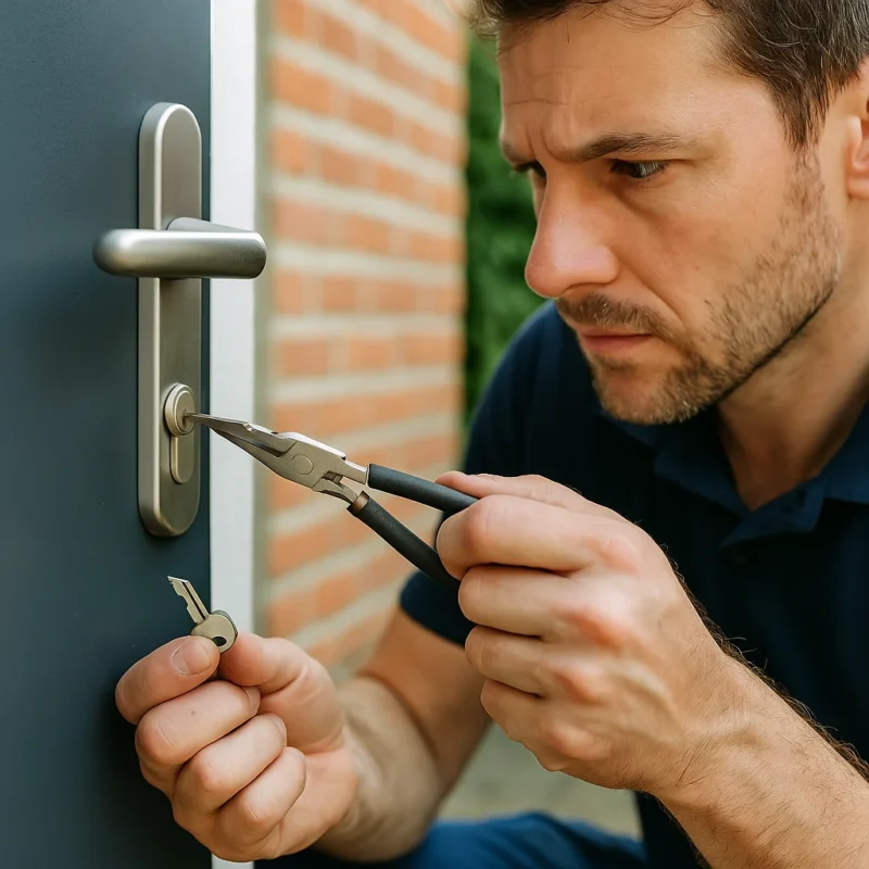 Slotenmaker verwijdert afgebroken sleutel uit cilinderslot met tang