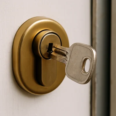 Afgebroken sleutel in een messing deurslot op een witte houten deur