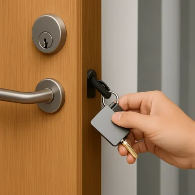 Hand met sleutelhanger opent een houten deur.