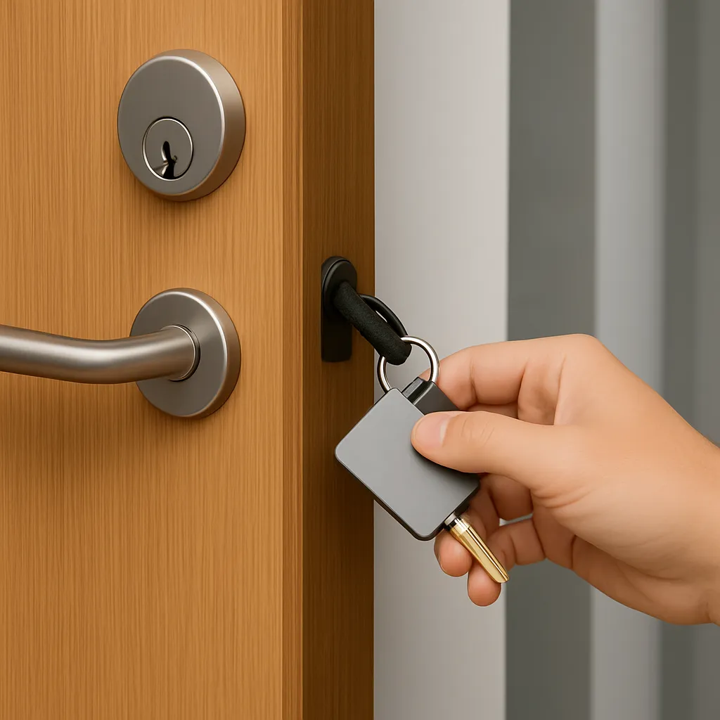 Hand met sleutelhanger opent een houten deur.