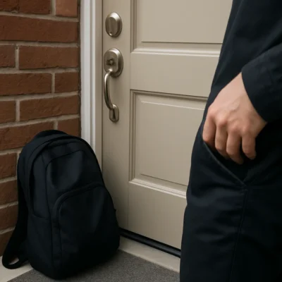 Persoon controleert jaszak voor sleutel voor een gesloten voordeur met sleutel in het slot