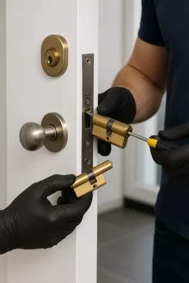 Slotenmaker monteert nieuwe cilinder in witte deur met gouden beslag