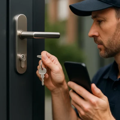 Slotenmaker controleert cilinderslot bij buitendeur met sleutel in de hand