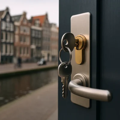 Slotenmaker controleert een modern veiligheidsslot op een houten voordeur in een Amsterdamse straat