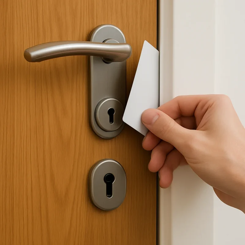 Hand probeert een deur met een plastic pasje te openen naast een metalen deurgreep
