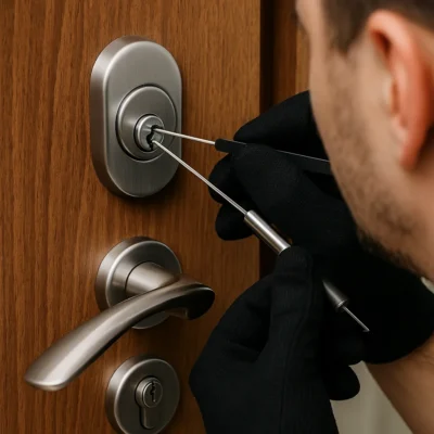 Slotenmaker opent houten deur met lockpick terwijl hij zwarte handschoenen draagt