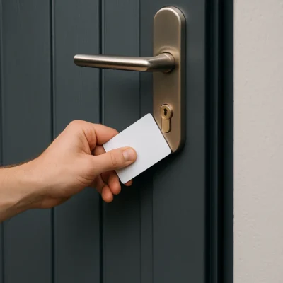 Hand met pasje bij deurklink, poging tot openen zonder sleutel