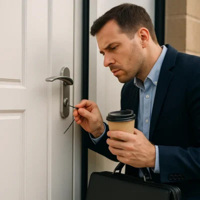 Man in pak probeert met een pin een voordeur te openen terwijl hij een koffiebeker en aktetas vasthoudt.