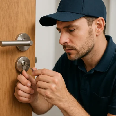 Slotenmaker opent deur met lockpick-gereedschap