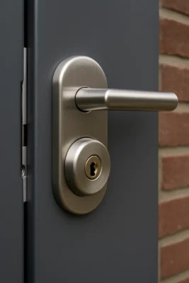 Close-up van een modern veiligheidsslot met kerntrekbeveiliging op een donkergrijze deur.