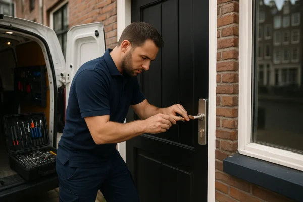 Slotenmaker werkt aan zwart deurslot voor traditioneel Amsterdams huis