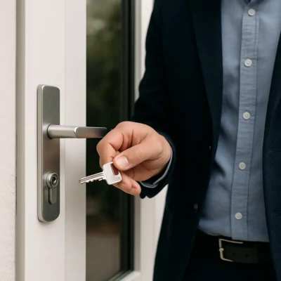 Hand met sleutel bij deur van woning in Amsterdam