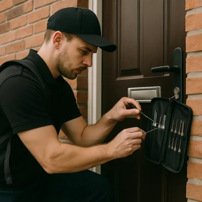 Slotenmaker opent voordeur met lockpickset naast donkerbruin kozijn