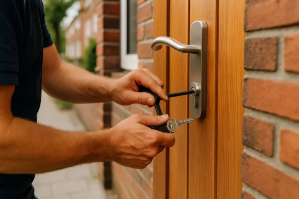 Hand met sleutel draait slot op houten deur in woonwijk