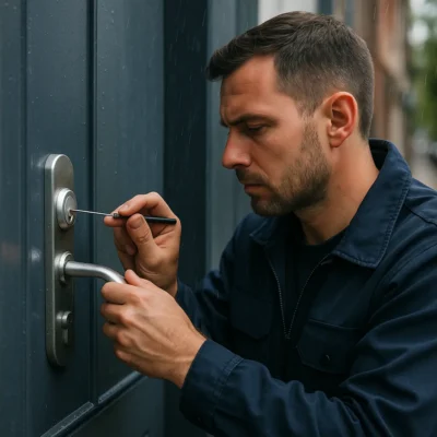 Slotenmaker opent buitendeur met lockpick in de regen