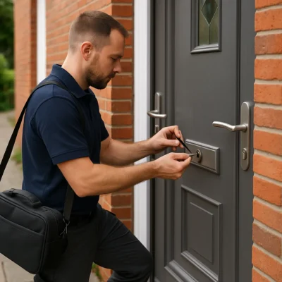 Een slotenmaker werkt overdag aan een cilinderslot van een voordeur, gekleed in donker werkkleding met gereedschap in de hand.