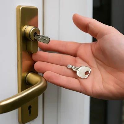 Close-up van afgebroken sleutel in cilinderslot met hand op voorgrond