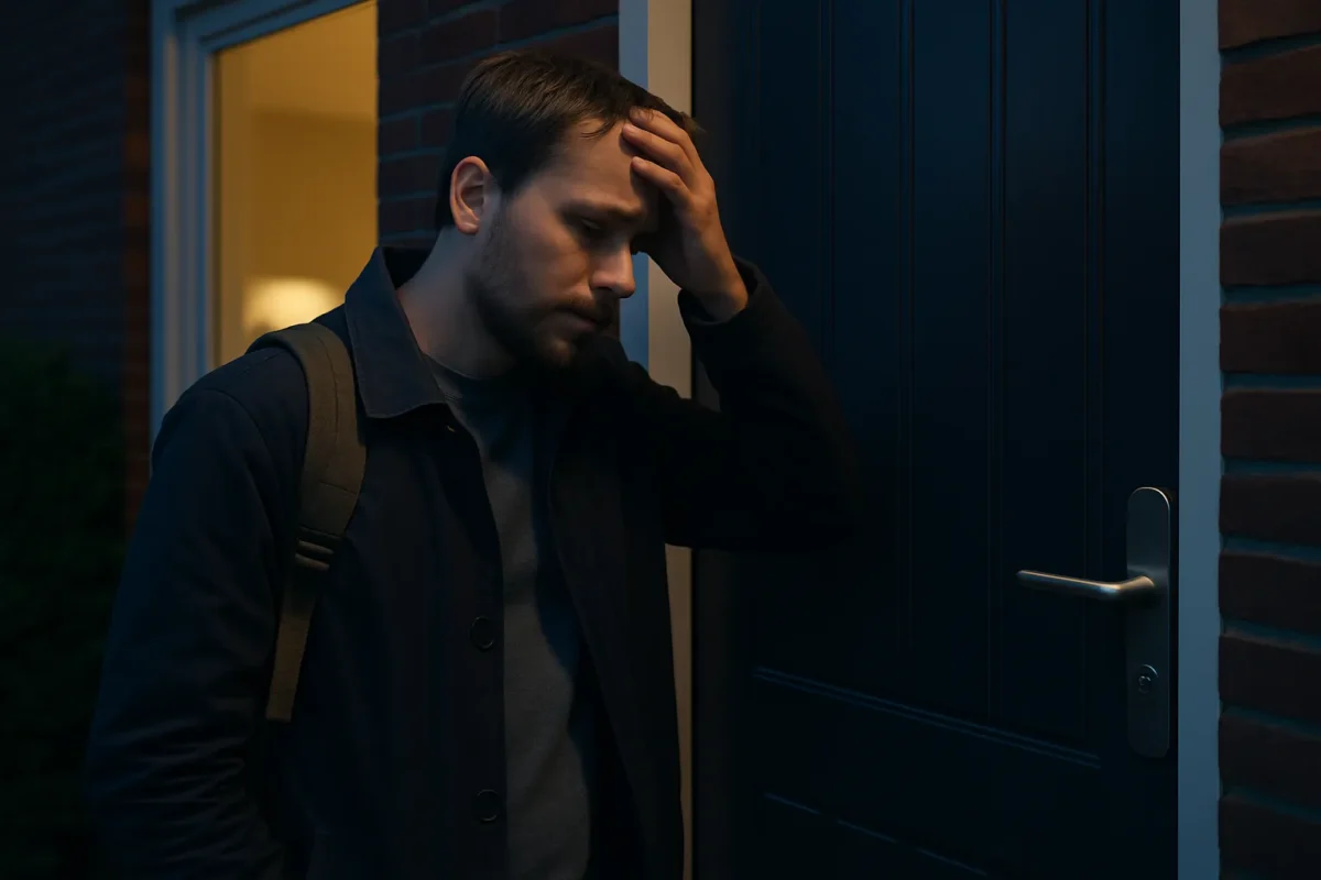 Man staat gefrustreerd voor een gesloten voordeur na buitensluiting.