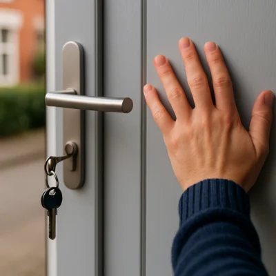 Hand op deur en sleutel aan binnenzijde toont buitensluiting