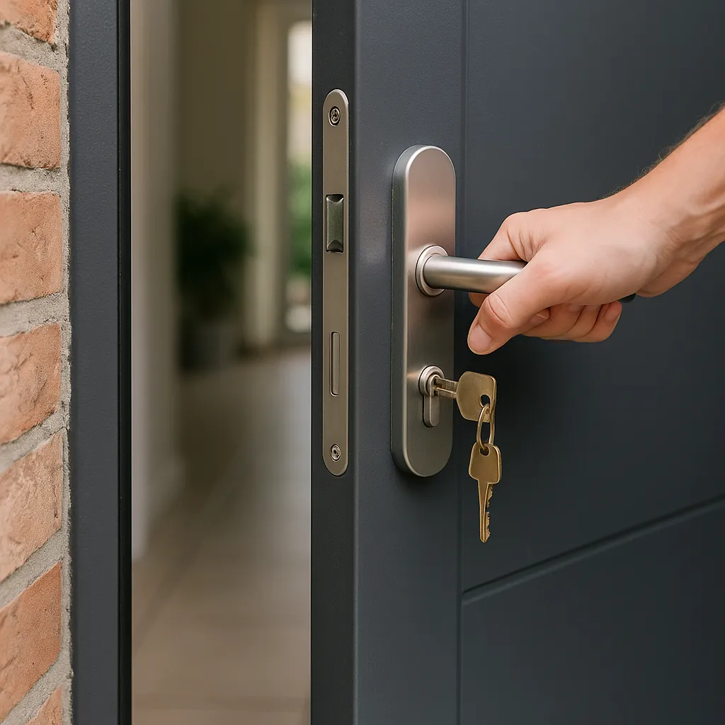 Sleutels hangen in slot van gesloten buitendeur met witte afwerking