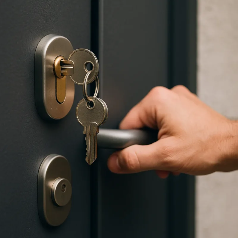 sleutel in slot laten zitten van modern zwart deurbeslag met geborsteld stalen handvat