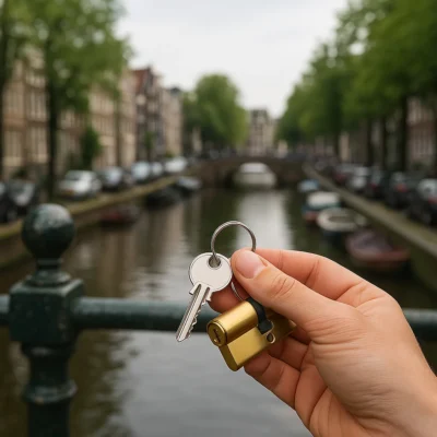 Hand met sleutel voor een gesloten houten deur op klaarlichte dag