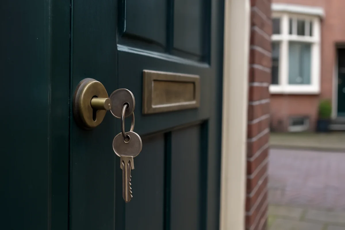 Sleutel steekt in het slot van een groene voordeur in een Amsterdamse straat