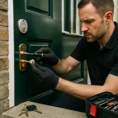 Loodgieter vervangt cilinder in groene voordeur met handschoenen aan