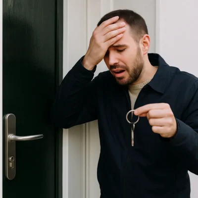 Man met lege sleutelring voor gesloten voordeur, zichtbaar in paniek over verloren sleutel.