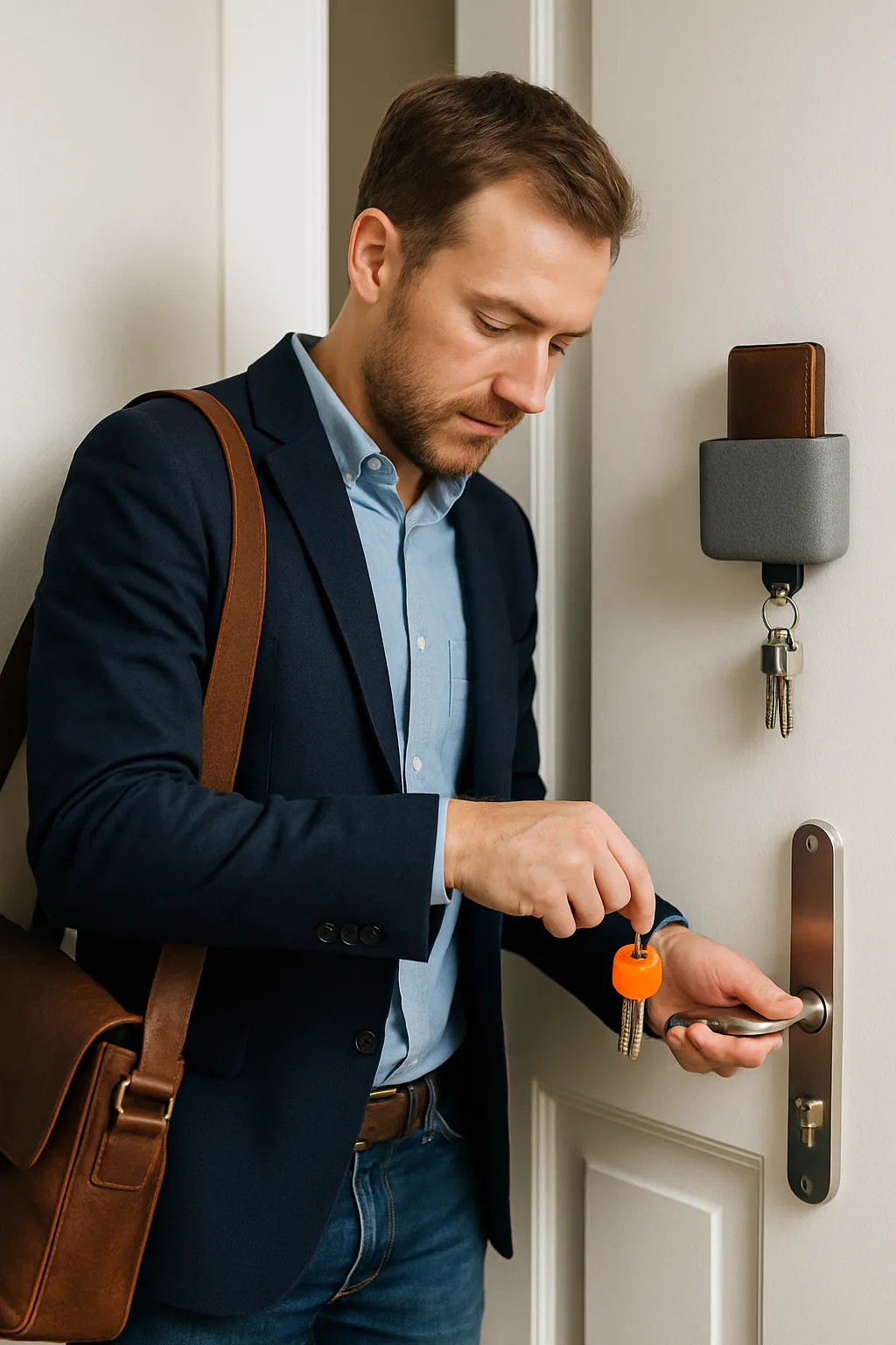 Man draait sleutel om in deur als vertrekroutine