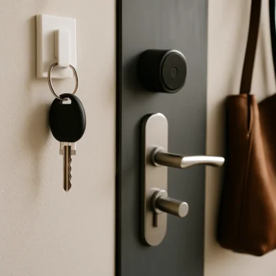 Sleutel aan haakje naast moderne voordeur met smart lock