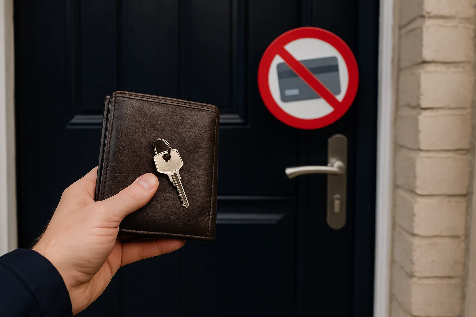 Sleutel aan portemonnee voor gesloten voordeur met waarschuwingsbord