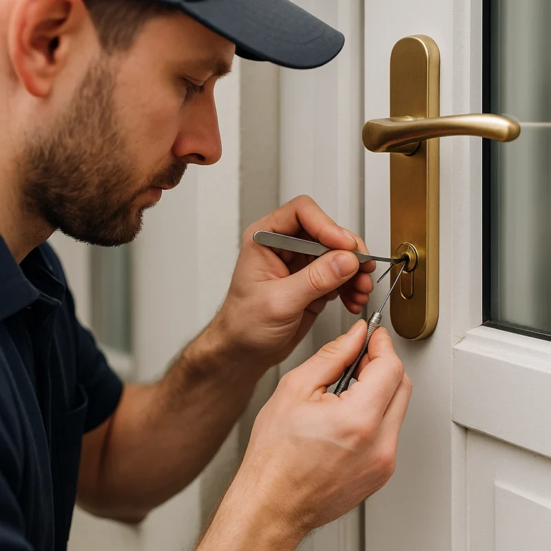 Een professionele slotenmaker opent voorzichtig een voordeur met speciaal gereedschap.