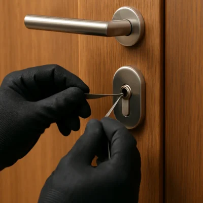 Slotenmaker opent cilinderslot met lockpick op houten deur