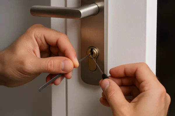 Close-up van een slotenmaker die met lockpick-tools een cilinderslot opent aan een witte deur.