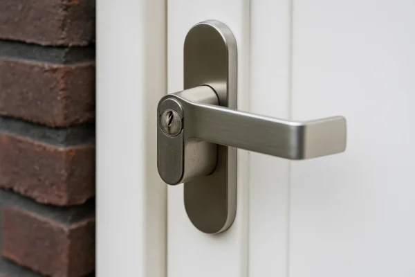 Close-up van metalen cilinderslot en klink in witte deur met bakstenen muur