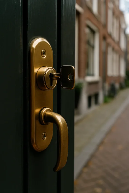 Close-up van messing deurklink en cilinderslot in groene houten voordeur